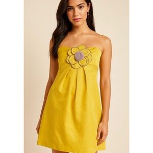 Lela Rose Bridesmaid Silk Blend Yellow Strapless Floral Appliqué Bodice Dress 8